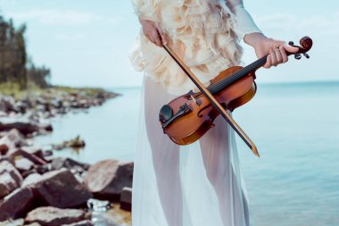 cropped view of elegant woman in white swan costume with violin standing on river background clipart