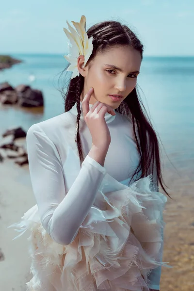 Young Woman White Swan Costume Standing Beach Looking Camera — 스톡 사진