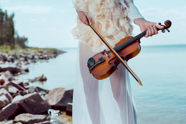 cropped view of elegant woman in white swan costume with violin standing on river background