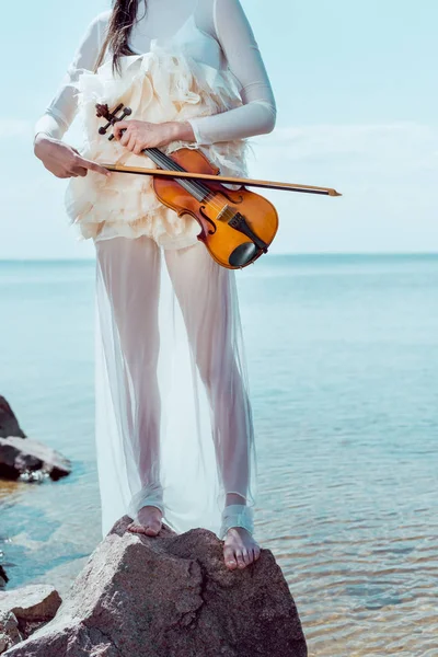 白い白鳥の衣装を着た大人の女性がバイオリンで青い川の背景に立つトリミングされたビュー — ストック写真