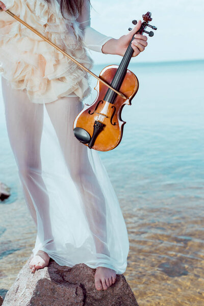 cropped view of beautiful woman in white swan costume standing on river background with violin 