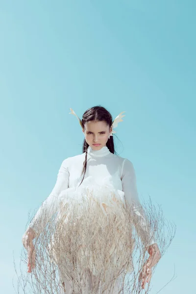 Adult Woman White Swan Costume Holding Dry Bush Hands Looking — Stock Photo, Image