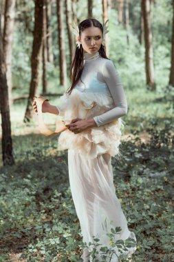 orman arka plan üzerinde duran parşömen ile beyaz kuğu kostümü ihale kadın, uzağa bakıyor