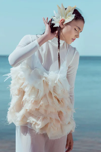 Beautiful Woman White Swan Costume Closing Eyes Standing Blue River — Stock Photo, Image