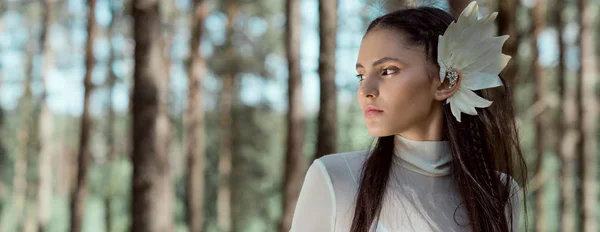 Vista Panorámica Mujer Adulta Traje Cisne Blanco Pie Sobre Fondo — Foto de Stock