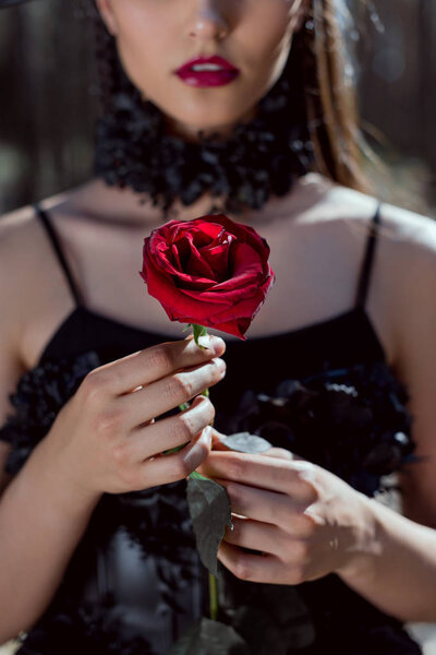 cropped view of young woman in witch costume holding red rose in hands