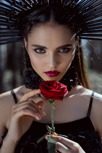 Portrait Beautiful Woman Witch Costume Looking Camera Holding Red Rose — Stock Photo, Image