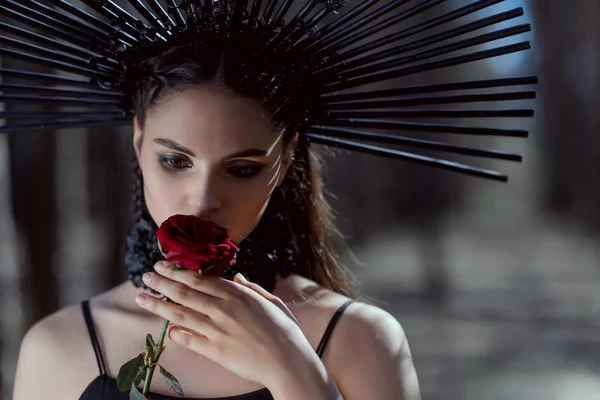 Portrait Young Woman Witch Costume Crown Head Holding Red Rose — Stock Photo, Image