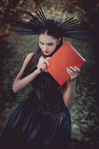 Visão Alto Ângulo Mulher Traje Segurando Livro Vermelho Nas Mãos — Fotografia de Stock