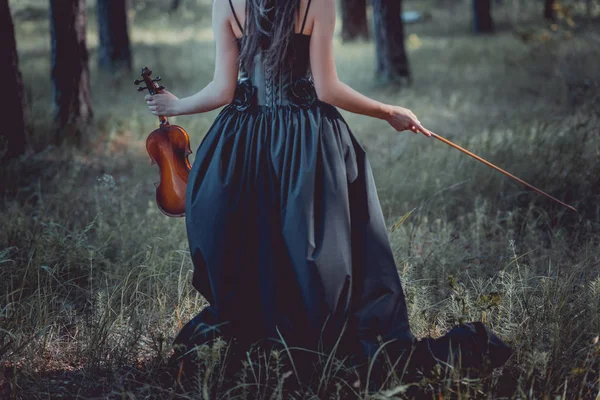 Back View Woman Witch Costume Walking Forest Holding Violin — Stock Photo, Image