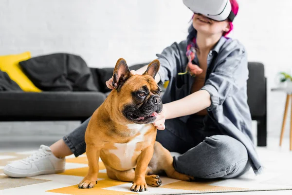 可爱的小斗牛犬坐在地板上靠近女孩与Vr耳机 — 图库照片