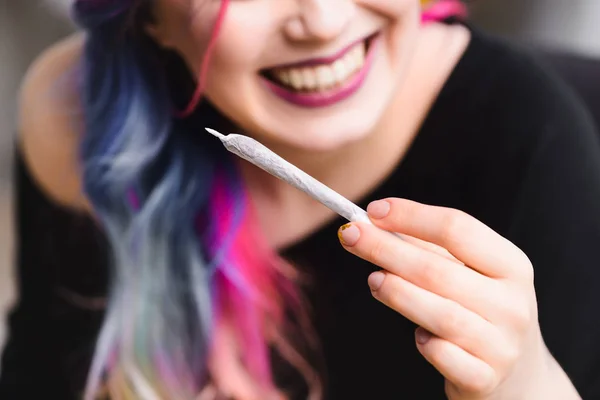 Selective Focus Joint Medical Cannabis Cheerful Girl — Stock Photo, Image