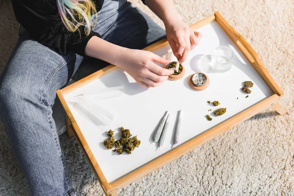 Cropped View Girl Putting Medical Cannabis Herb Grinder — Stock Photo, Image