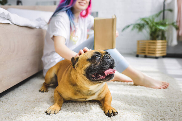 selective focus of Frenchie laying on floor and girl with colorful hair 