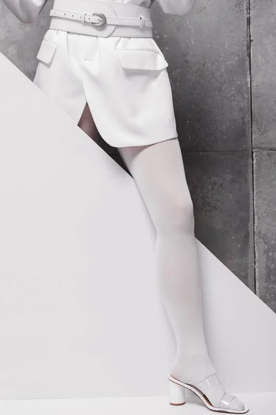 Cropped View Stylish Woman Shoes Posing White Grey — Stock Photo, Image