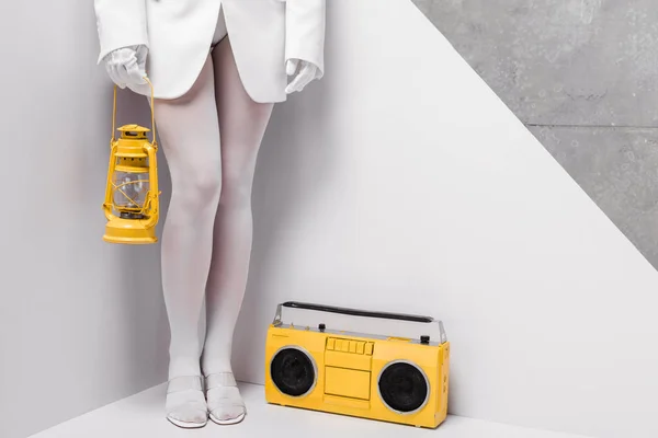Cropped View Woman Posing Retro Boombox Holding Yellow Vintage Lamp — Stock Photo, Image