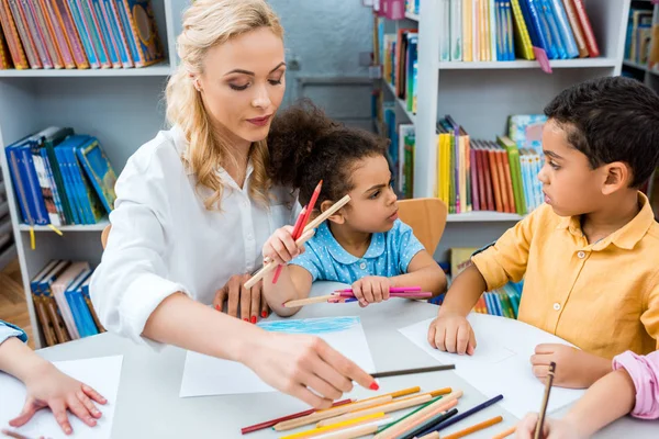 Cropped View Kids Drawing African American Children Teacher — Stock Photo, Image