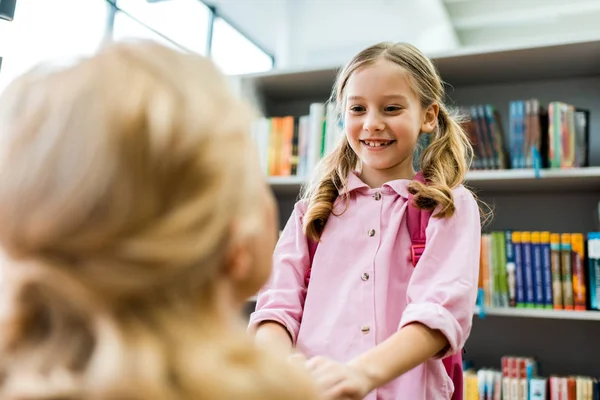 Selective Focus Happy Kid Looking Woman Library — Stock Photo, Image