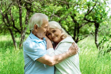 gri saçlı mutlu karısı sarılma neşeli yaşlı adam 