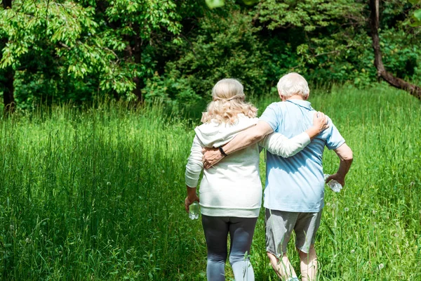 穿着运动服的养老金领取者在公园散步的后视图 — 图库照片