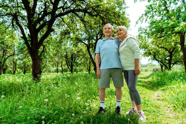 Vista Angolo Basso Uomo Anziano Allegro Piedi Con Moglie Parco — Foto Stock