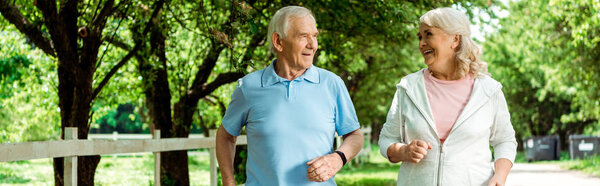 panoramic shot of cheerful retired woman running near senior husband in park 