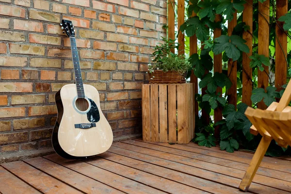 Selective Focus Acoustic Guitar Brick Wall Wooden Fence Green Leaves — Stock Photo, Image