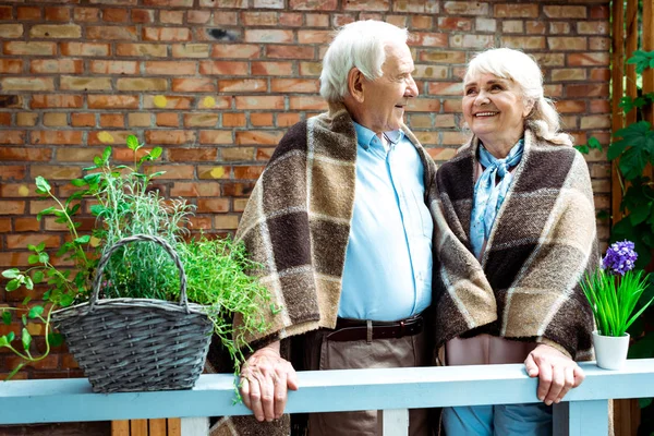 Happy Pensioners Smiling While Standing Plaid Blankets Flower Pots — Stock Photo, Image