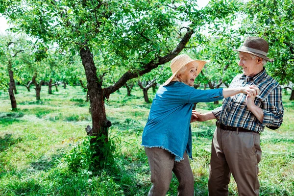 Happy Retired Woman Holding Hands Husband While Standing Trees — Stock Photo, Image