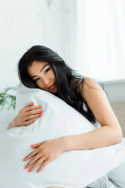 Attractive Asian Woman Looking Camera Holding Pillow — Stock Photo, Image