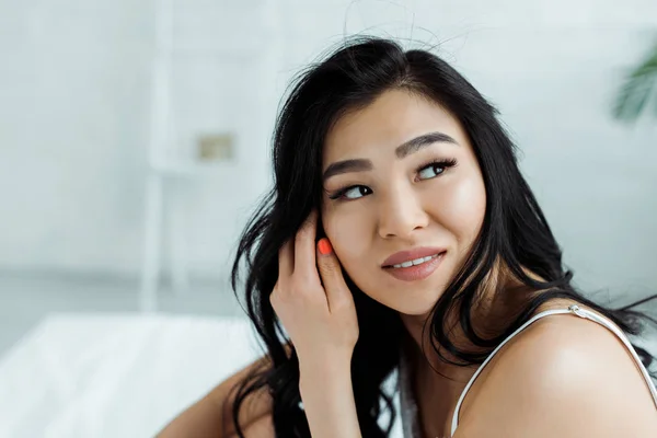 Happy Thai Woman Touching Hair Smiling Home — Stock Photo, Image