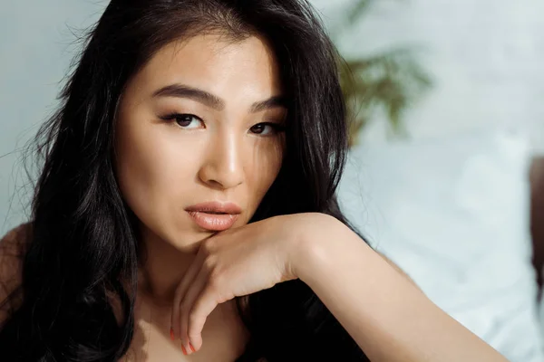 Sensual Asian Young Woman Touching Face Looking Camera — Stock Photo, Image