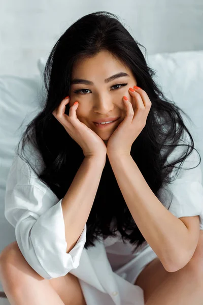 Happy Thai Woman Smiling Touching Face While Looking Camera Biting — Stock Photo, Image