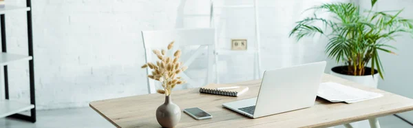 Panoramic Shot Laptop Smartphone Wooden Table Modern Office — Stock Photo, Image