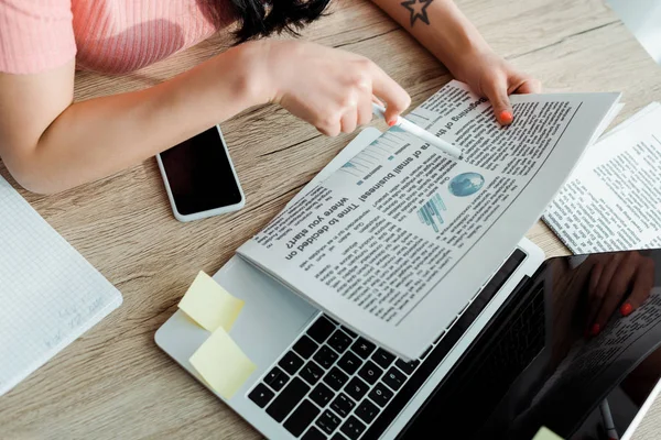 Cropped View Young Woman Holding Newspaper Digital Devices — Stock Photo, Image