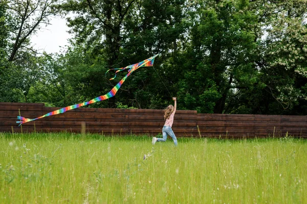 外の緑の草の上にカラフルな凧で走っている子供の選択的な焦点 — ストック写真