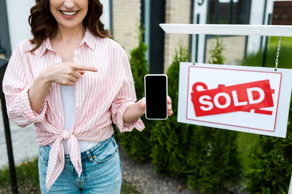 Cropped View Cheerful Woman Pointing Finger Smartphone Blank Screen — Stock Photo, Image