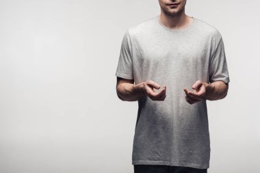 gri, insan duygu ve ifade kavramı izole vücut dili kullanırken elleriyle gesturing adam kırpılmış görünümü