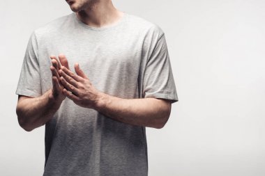 gri, insan duygu ve ifade kavramı izole ellerini ovuşturarak adam kırpılmış görünümü