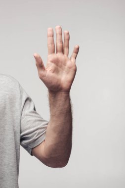 gri, insan duygu ve ifade kavramı izole stop jest gösteren adam kısmi görünümü