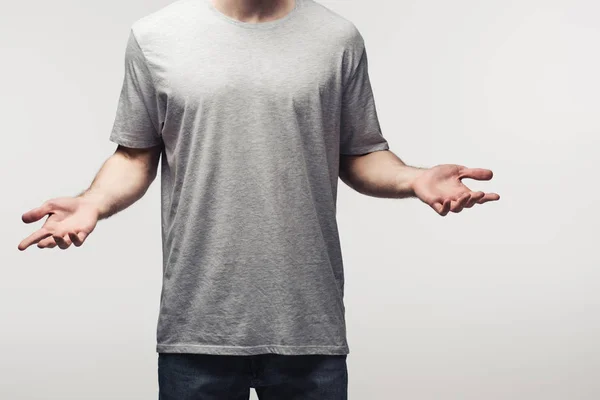 Partial View Man Grey Shirt Showing Shrug Gesture Isolated Grey — Stock Photo, Image
