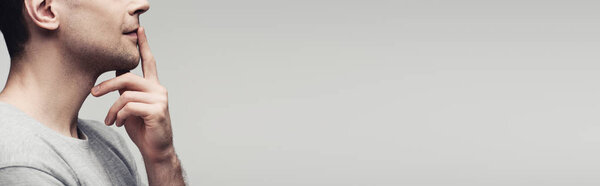 обрезанный вид немого человека, показывающего тихий знак на сером фоне, панорамный снимок, человеческие эмоции и концепция выражения
