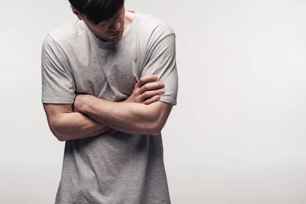 Displeased Young Man Standing Crossed Arms Isolated Grey Human Emotion — Stock Photo, Image