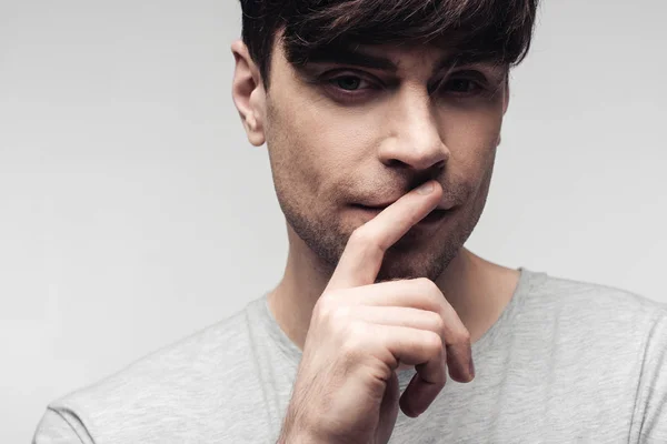 Pensive Dumb Man Showing Silence Gesture Isolated Grey Human Emotion — Stock Photo, Image