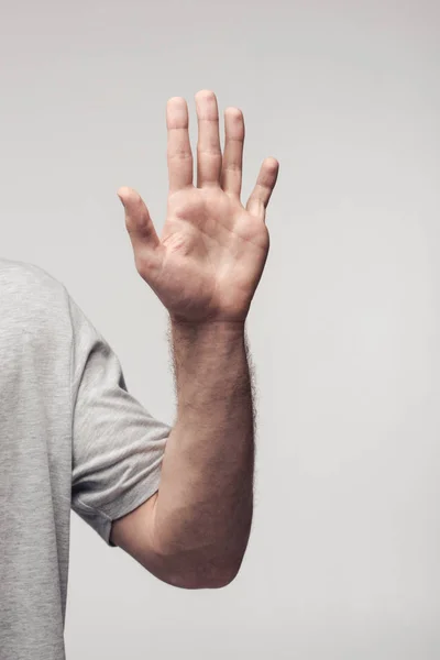 Partial View Man Showing Stop Gesture Isolated Grey Human Emotion — Stock Photo, Image