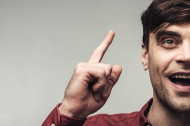 gri, insan duygu ve ifade kavramı izole fikir işareti gösteren heyecanlı adam kırpılmış görünümü