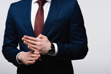 gri, insan duygu ve ifade kavramı izole stop jest gösteren emin işadamı kısmi görünümü