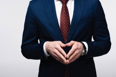 gri, insani duygu ve ifade kavramı na izole çan kulesi jestgösteren emin işadamı kısmi görünümü