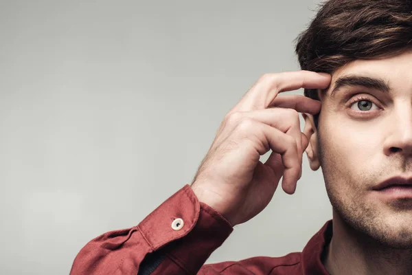 Cropped Shot Pensive Man Looking Away Touching Head Isolated Grey — Stock Photo, Image