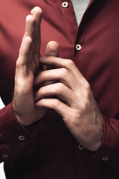 Обрезанный Снимок Человека Жестикулирующего Руками Изолированными Серой Человеческой Эмоций Выражений — стоковое фото
